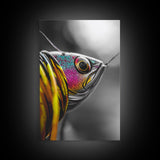 Colorful Lure, Fishing Hook, Bold Scales, Rainbow Detail, Framed Canvas Print, Man Cave Art, Fishing Decor, Vibrant Realism Wall Art