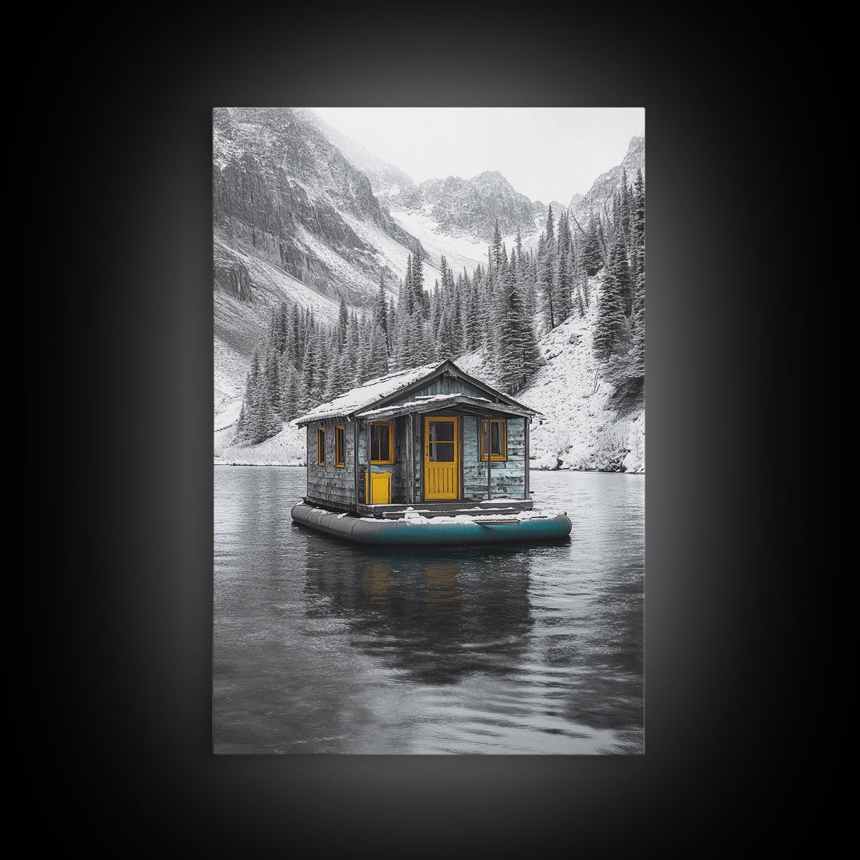 Winter Cabin, Floating House, Snowy Pines, Mountain Lake, Canvas Print, Minimalist Winter Wall Art, Cabin Decor, Neutral Nature Scene