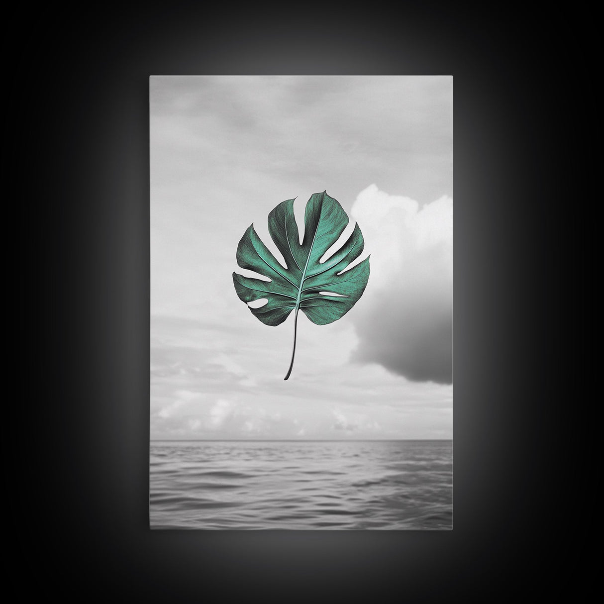 Monstera Leaf, Ocean Breeze, Tropical Minimalism, Floating Leaf, Framed Canvas Print, Modern Bathroom Art, Boho Decor, Tropical Wall Art