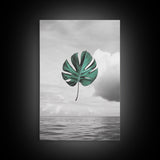 Monstera Leaf, Ocean Breeze, Tropical Minimalism, Floating Leaf, Framed Canvas Print, Modern Bathroom Art, Boho Decor, Tropical Wall Art