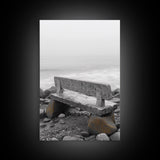 Seaside Bench, Rocky Shore, Ocean Fog, Coastal Calm, Framed Canvas Print, Minimalist Beach Art, Coastal Decor, Serene Ocean View