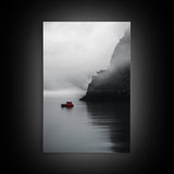Red Boat, Foggy Coast, Seaside Cliff, Misty Water, Canvas Print, Moody Nautical Wall Art, Minimalist Ocean Decor, Scandinavian Style Art