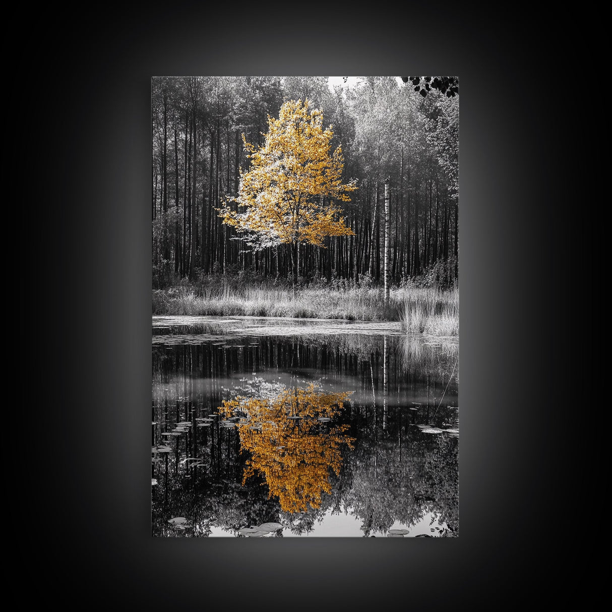 Golden Tree, Forest Reflection, Autumn Pond, Tranquil Waters, Canvas Print, Fall Nature Wall Art, Zen Bathroom Decor, Minimalist Art