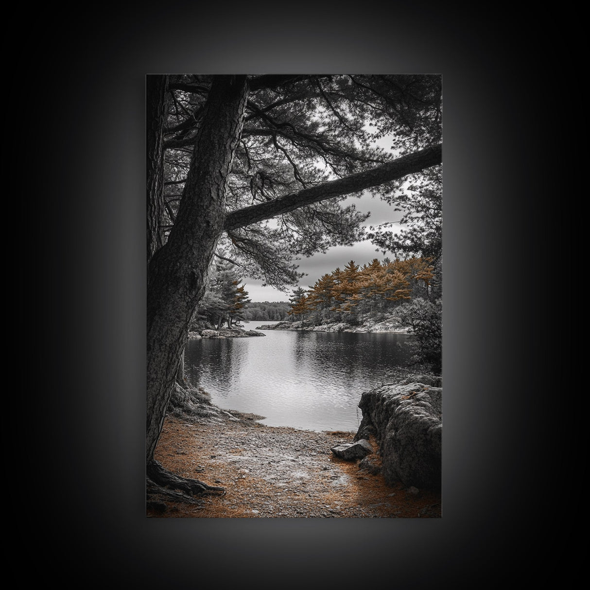 Autumn Forest Lake, Nature Photography, Scenic Landscape, Canvas Print, Rustic Cabin Decor, Neutral Tones, Bedroom Wall Art, Outdoor Art