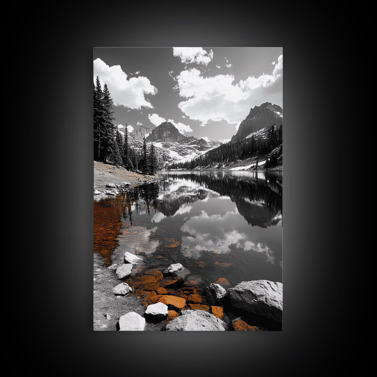 Alpine Lake, Orange Rocks, Mountain Reflection, Canvas Print, Wilderness Wall Art, Nature Explorer Decor, Rustic Lodge Wall Art
