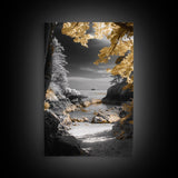 Yellow Trees, Autumn Beach, Ocean View, Framed Canvas Print, Nature Photography, Fall Landscape Wall Art, Coastal Living Room Decor