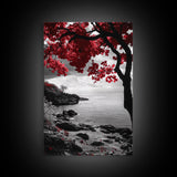 Red Leaves, Dramatic Coast, Ocean Horizon, Canvas Print, Autumn Coastal Wall Art, Bold Nature Photography, Moody Fall Decor, Beach Theme