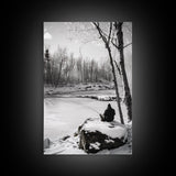 Winter Fishing, Snowy River, Peaceful Solitude, Canvas Print, Cabin Wall Art, Rustic Outdoor Decor, Black White Nature Photography