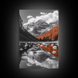Mountain Reflections, Autumn Pines, Glacial Water Scene, Framed Canvas Print, Fall Landscape Wall Art, Nature Lover Home Decor