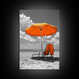 Orange Umbrella Shade, Beach Chill Scene, Relax Spot, Framed Canvas Print, Summer Wall Art, Vacation Vibe Decor, Minimalist Beach Art