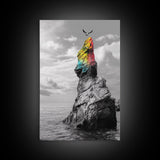 Rainbow Cliff, Soaring Bird, Ocean Rock Scene, Canvas Print, Nature Adventure Wall Art, Vibrant Seascape Decor, Coastal Living Accent
