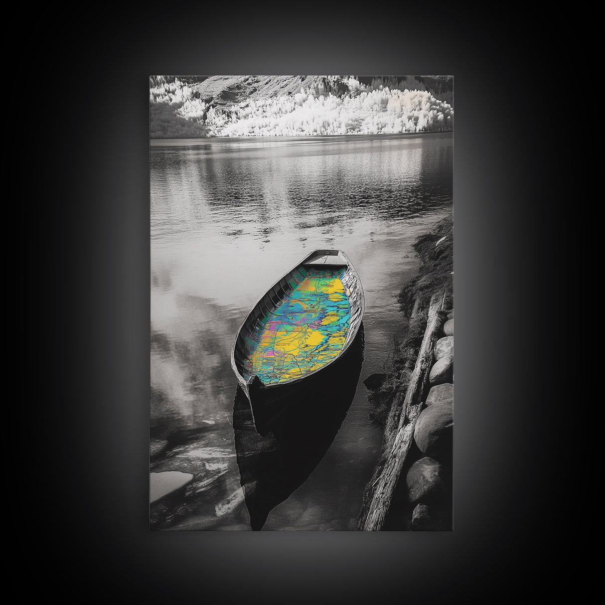 Rowboat Map Interior, Lake Reflections, Artistic Travel Theme, Canvas Print, Cabin Wall Art, Unique Lake House Decor, Explorer Style