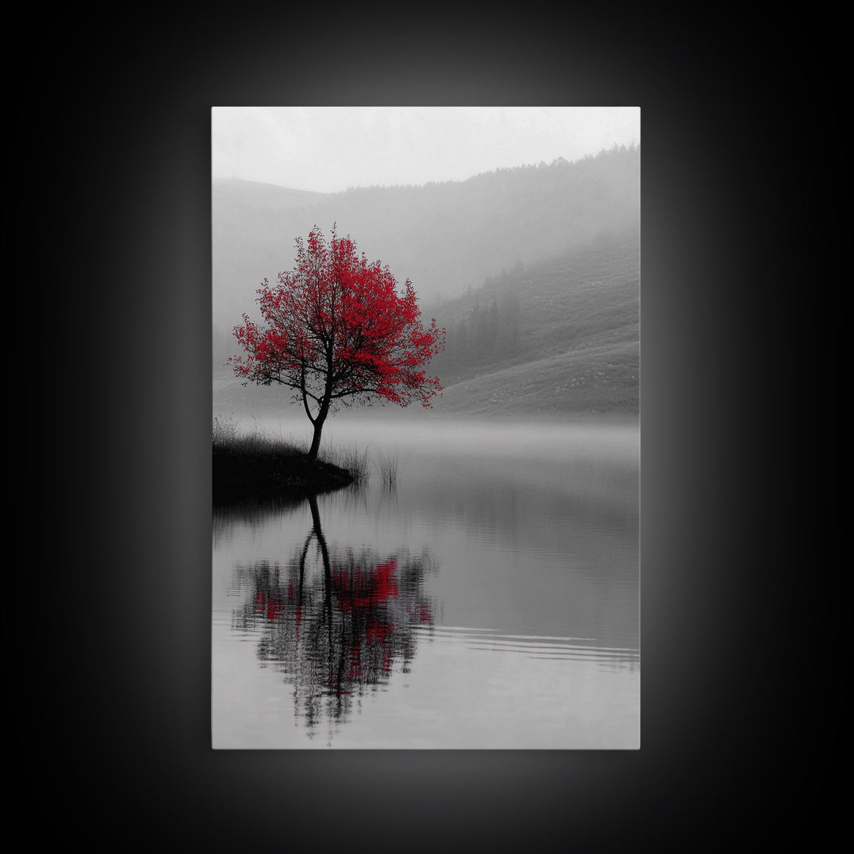 Red Tree, Foggy Lake, Peaceful Landscape Scene, Framed Canvas Print, Autumn Nature Wall Art, Minimalist Fall Decor, Moody Aesthetic
