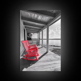 Red Porch Chairs, Lakeside Retreat, Cozy Country Morning, Framed Canvas Print, Farmhouse Decor, Rustic Living Room Wall Art, Peaceful Vibe