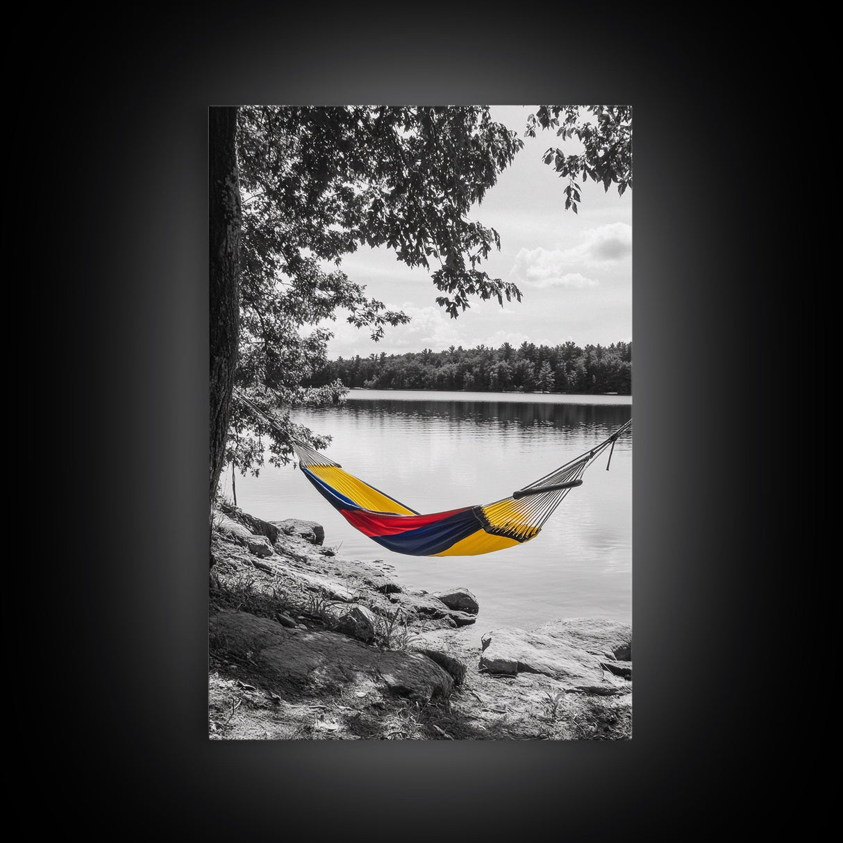 Hammock Lake Scene, Peaceful Nature Art, Fall Outdoors, Relaxed Escape, Framed Canvas Print, boho decor, bedroom art, cozy wall print