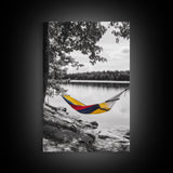 Hammock Lake Scene, Peaceful Nature Art, Fall Outdoors, Relaxed Escape, Framed Canvas Print, boho decor, bedroom art, cozy wall print