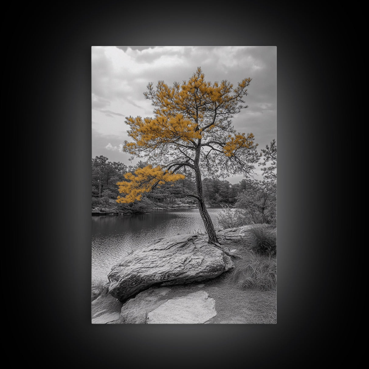 Golden Tree View, Nature Serenity, Fall Lake Art, Peaceful Pine, Framed Canvas Print, living room wall art, minimalist landscape print