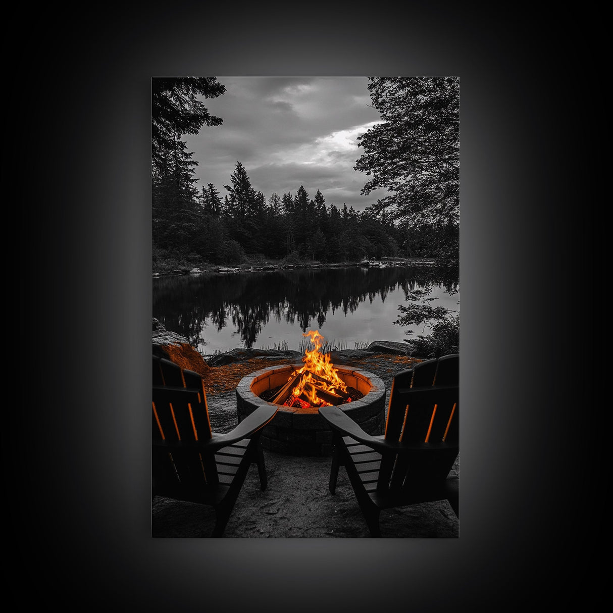 Campfire Chairs Lake, Autumn Firepit Scene, Rustic Retreat, Cabin Escape, Framed Canvas Print, cozy wall art, man cave cabin decor