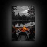 Campfire Chairs Lake, Autumn Firepit Scene, Rustic Retreat, Cabin Escape, Framed Canvas Print, cozy wall art, man cave cabin decor