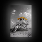 Lifeguard Tower Yellow, Beach Escape, Summer Vibe Art, Ocean Watch Post, Framed Canvas Print, coastal home decor, beach house wall art
