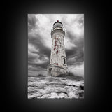 Rustic Lighthouse Shore, Weathered Tower Art, Stormy Coast Scene, Moody Seaside, Framed Canvas Print, nautical bathroom or den wall decor