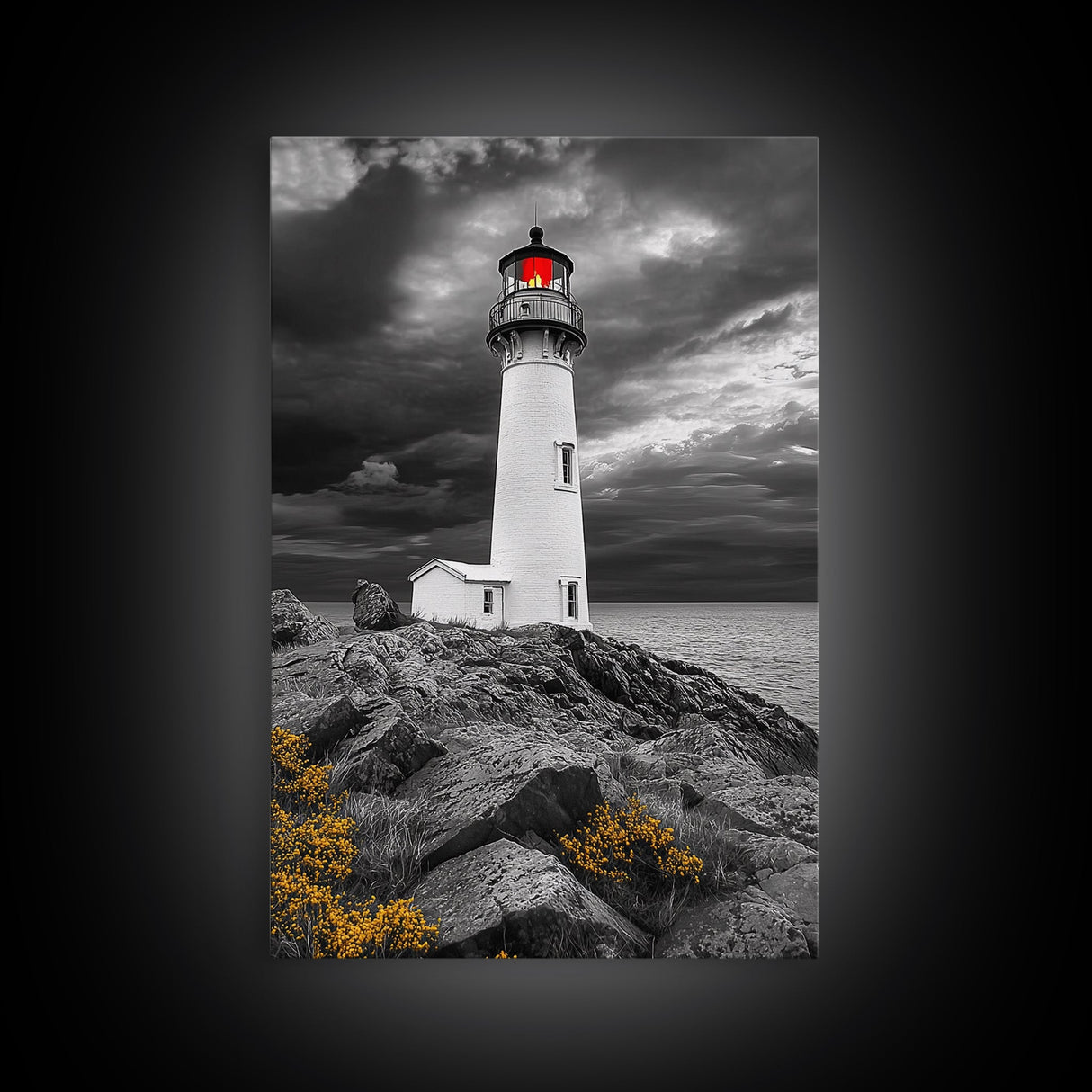 Red Beacon Lighthouse, Rocky Coast Light, Dramatic Storm Sky, Ocean Guide, Framed Canvas Print, nautical office wall art, bold coastal art
