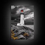 Red Beacon Lighthouse, Rocky Coast Light, Dramatic Storm Sky, Ocean Guide, Framed Canvas Print, nautical office wall art, bold coastal art