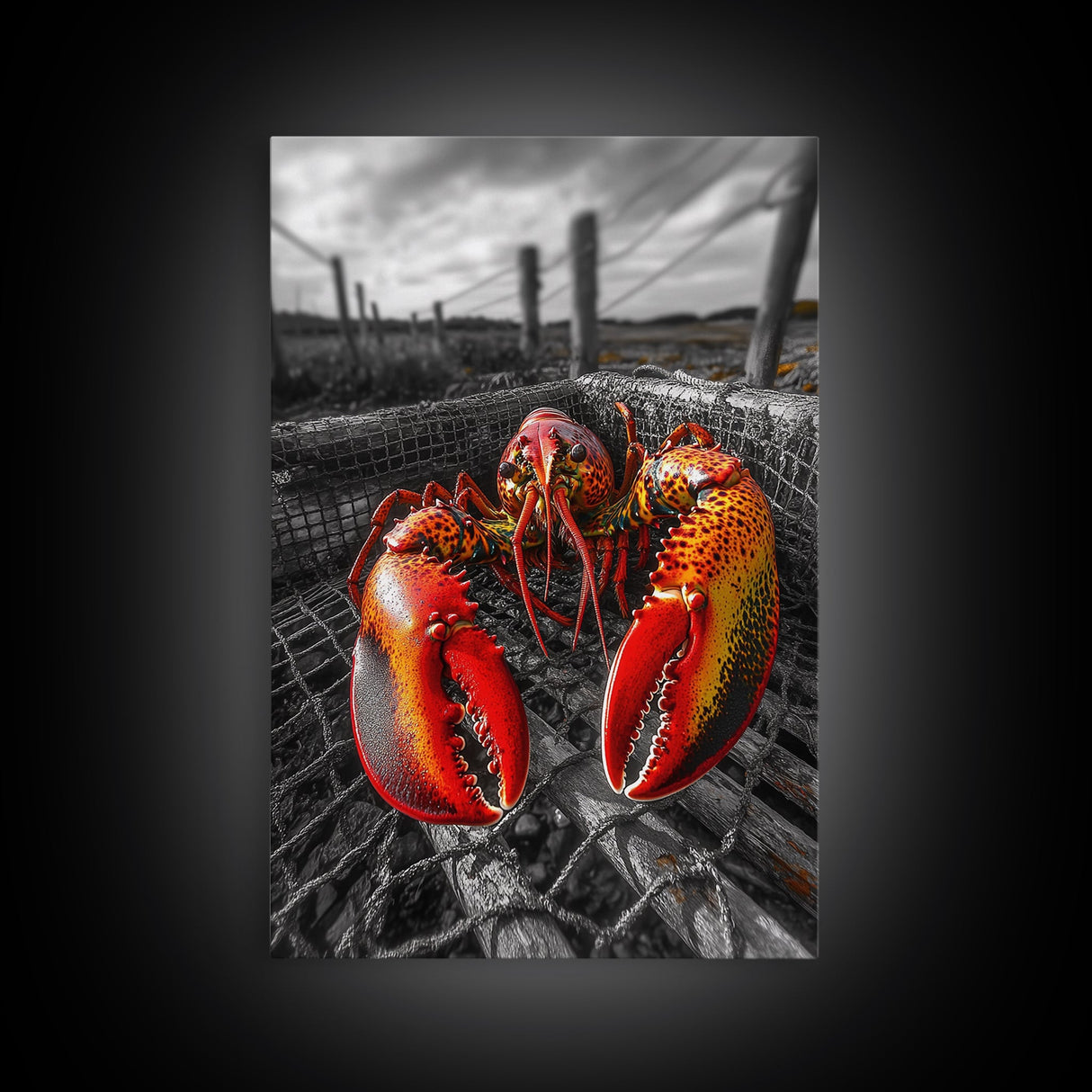 Lobster Trap, Coastal Catch, Bold Seafood, Nautical Framed Canvas Print, Kitchen Wall Art, Coastal New England Decor, Lobster Boho Art
