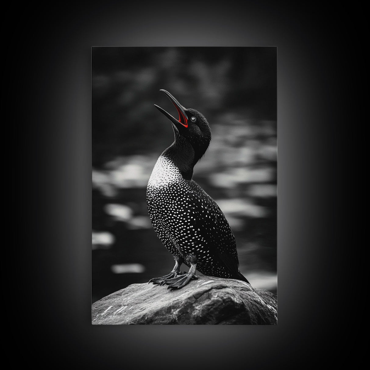 Loon Call, Singing Bird, Red Beak, Monochrome Framed Canvas Print, Wildlife Wall Decor, Bird Lover Wall Art, Rustic Cabin Accent