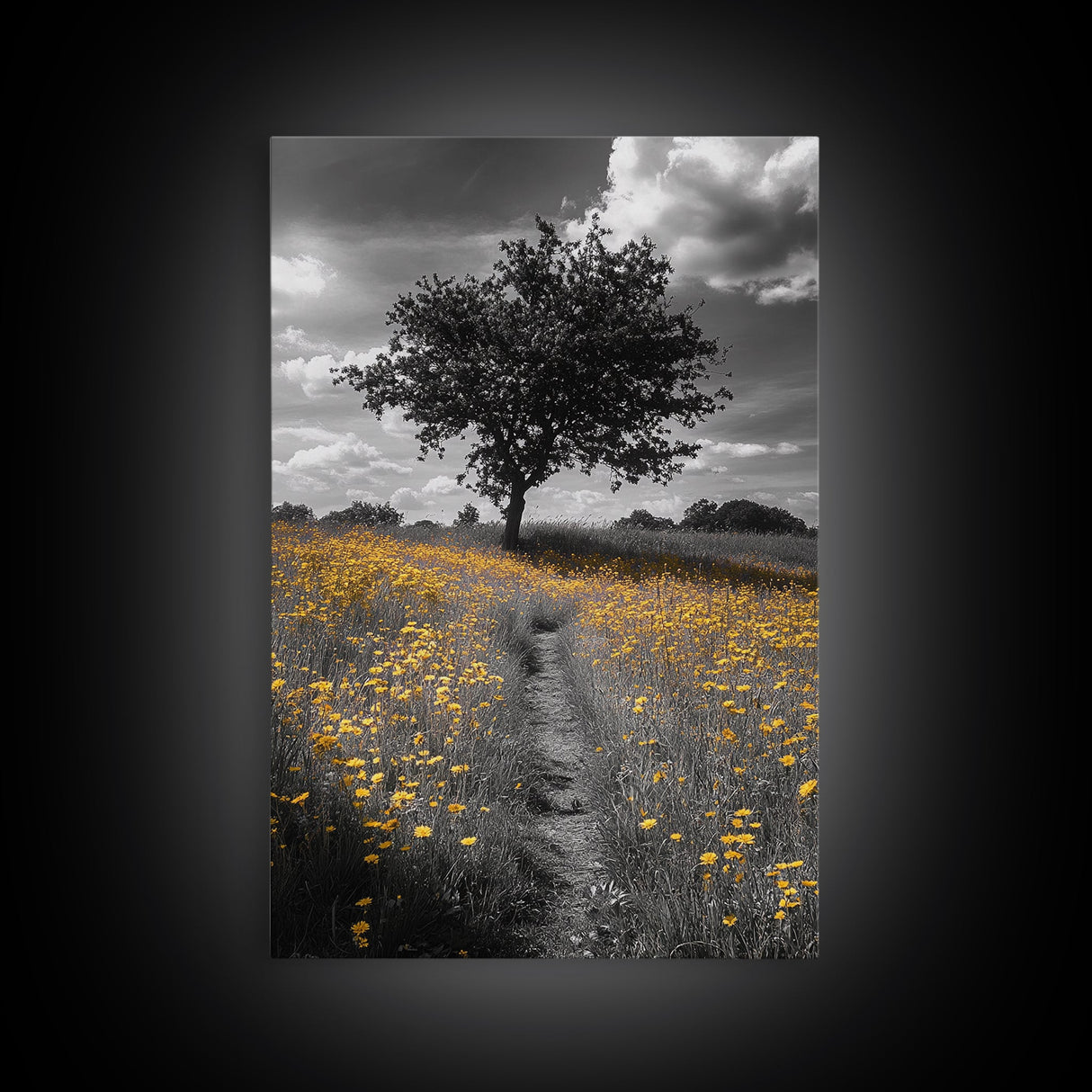 Yellow Meadow, Tree Path, Sunny Flowers, Autumn Framed Canvas Print, Field Landscape Wall Art, Nature Lover Decor, Boho Fall Vibes