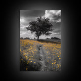 Yellow Meadow, Tree Path, Sunny Flowers, Autumn Framed Canvas Print, Field Landscape Wall Art, Nature Lover Decor, Boho Fall Vibes