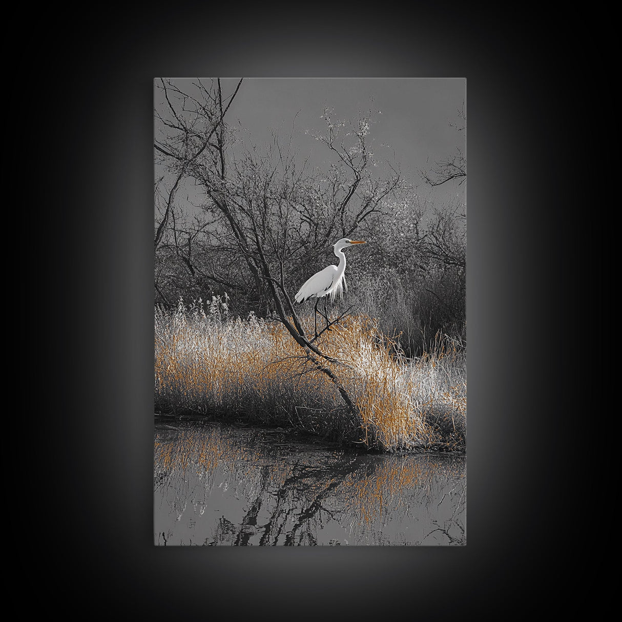 Egret Bird Scene, Autumn Riverbank, Wildlife Nature Print, Moody Wetland Landscape, Framed Canvas Print, Rustic Living Room Wall Art