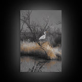 Egret Bird Scene, Autumn Riverbank, Wildlife Nature Print, Moody Wetland Landscape, Framed Canvas Print, Rustic Living Room Wall Art