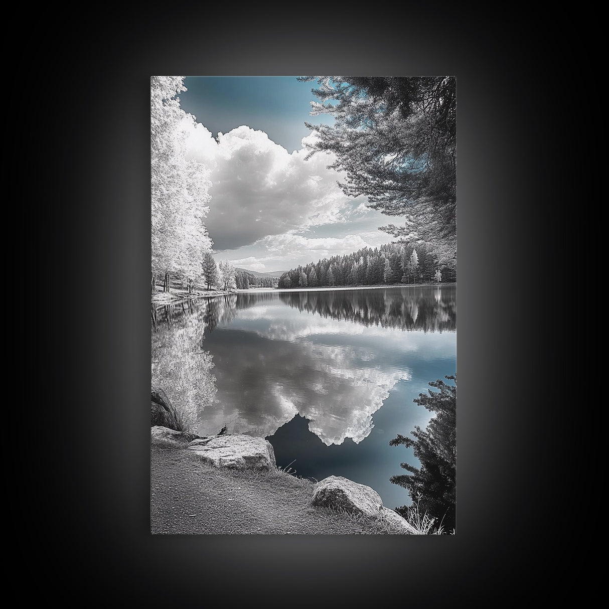 Mountain Lake Clouds, Serene Forest Reflection, Scenic Nature Photography, Framed Canvas Print, Bedroom Tranquility Wall Art