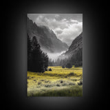 Yellow Meadow Valley, Foggy Mountain Scene, Serene Landscape Photography, Framed Canvas Print, Nature Lover Living Room Wall Art