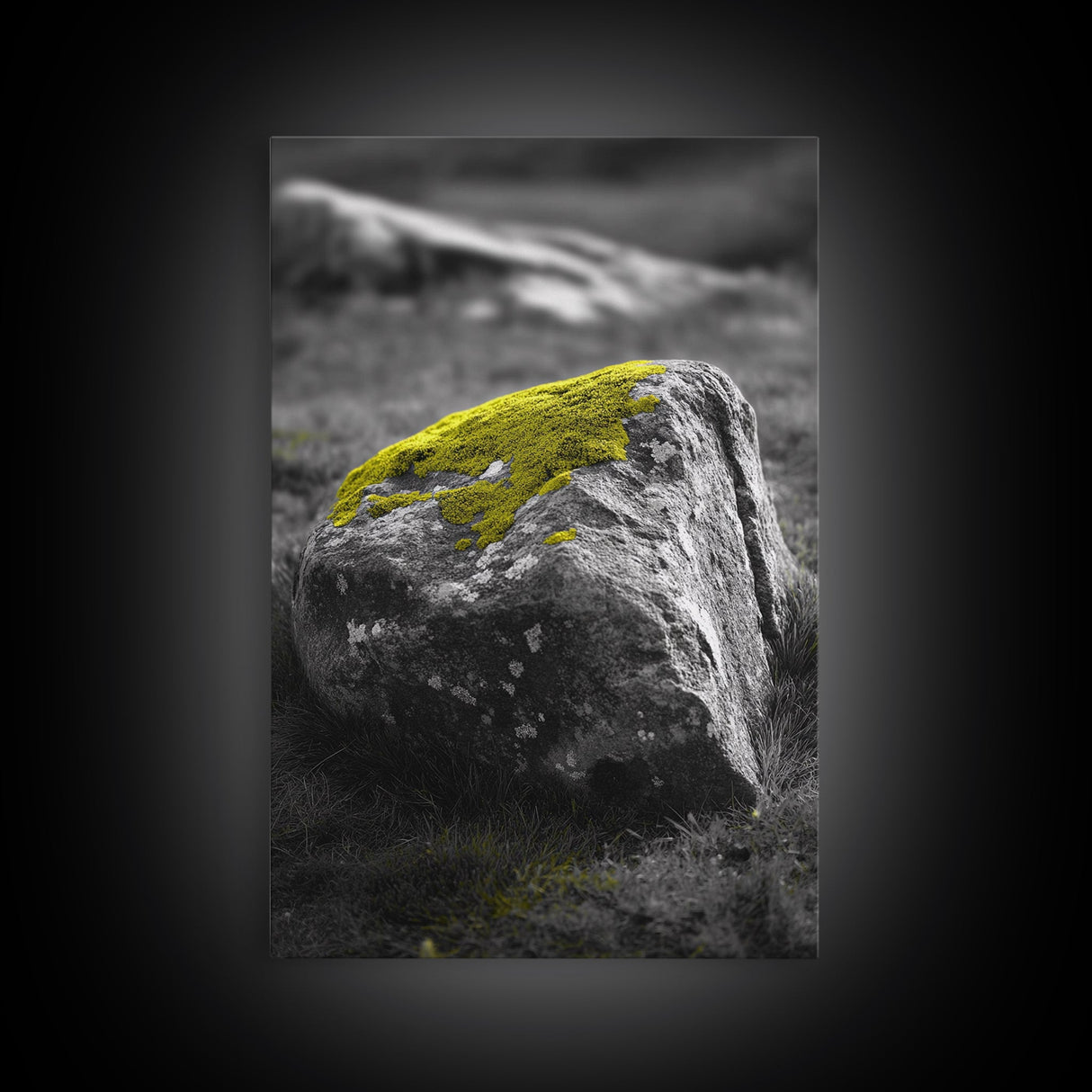 Mossy Stone Closeup, Earthy Nature Texture, Minimal Landscape Print, Framed Canvas Print, Modern Office Wall Decor, Zen Rock Art