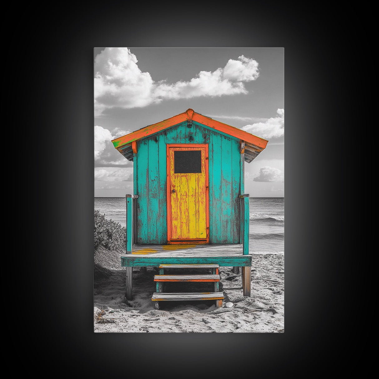 Colorful Beach Hut, Surf Shack, Coastal Cabin, Framed Canvas Print, Tropical Wall Art, Living Room Decor, Bright Summer Home Style