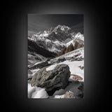Snowy Alpine Scene, Winter Mountainscape, Nature Photography, Framed Canvas Print, Lodge Wall Art, Cabin Decor, Black and White Art