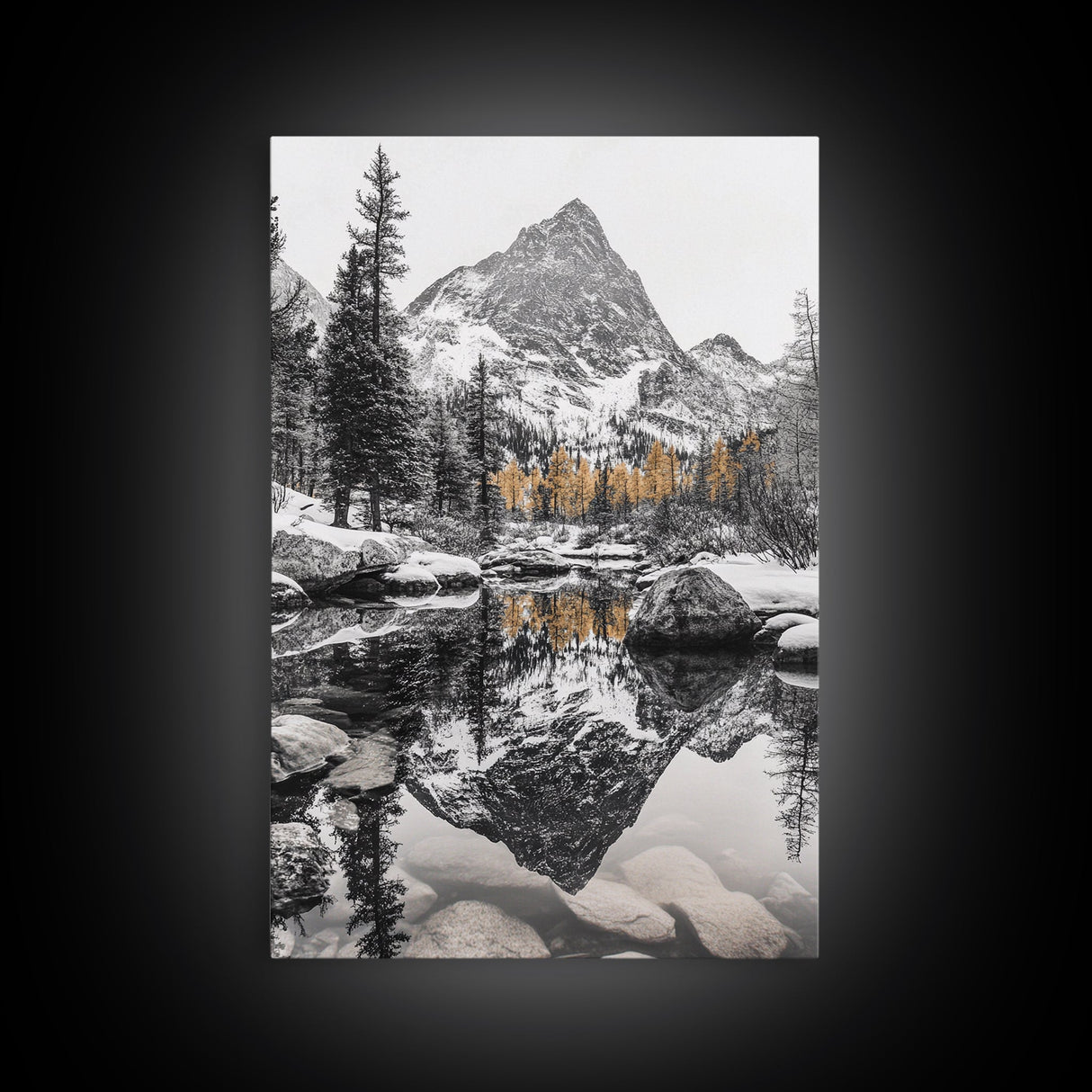 Snow Reflection Forest, Autumn Trees, Serene Mountain River, Framed Canvas Print, Bedroom Wall Art, Peaceful Cabin Scene, Fall Art
