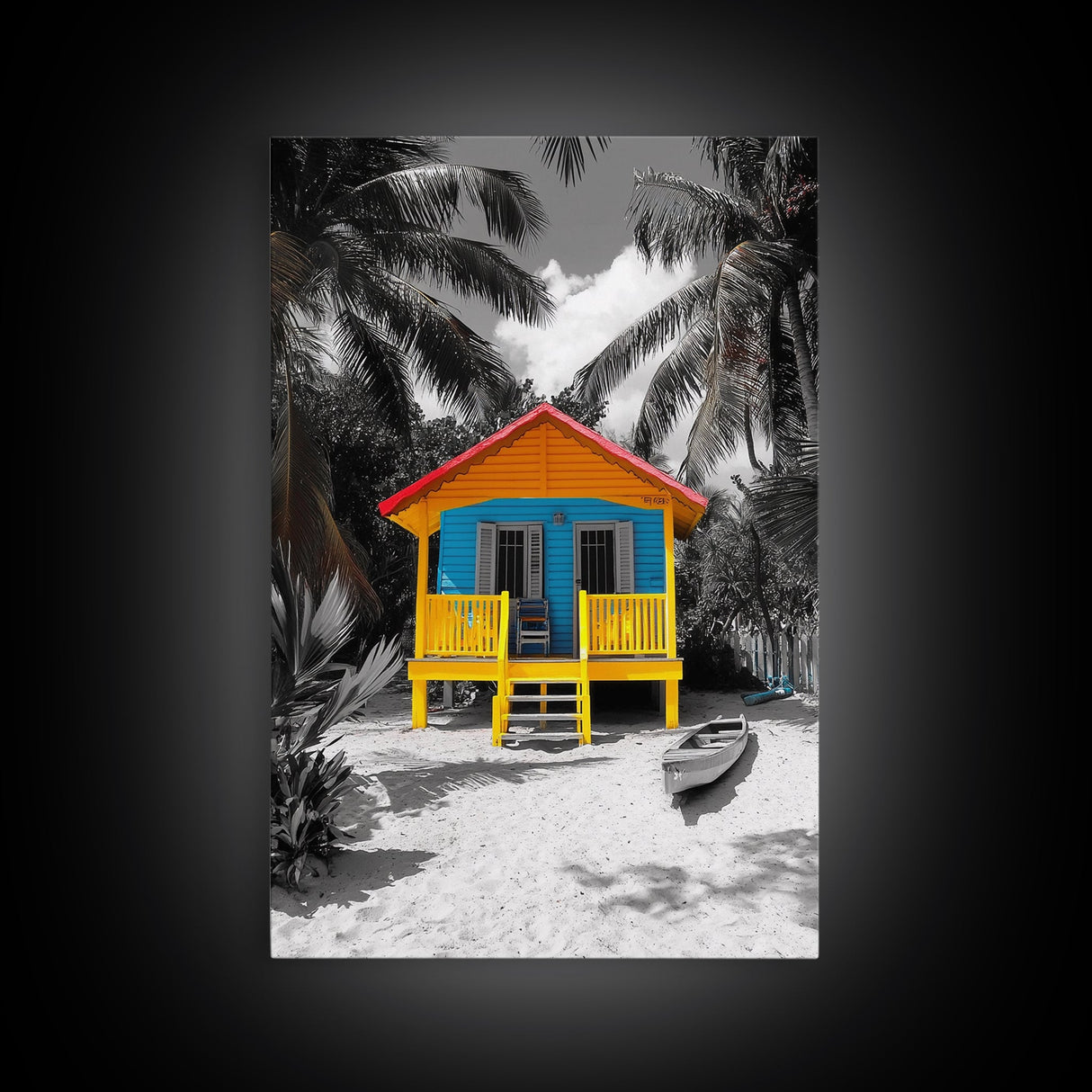 Tropical House, Beach Cabin, Bright Home, Summer Colors, Framed Canvas Print coastal wall decor, boho beach house art, tropical wall art