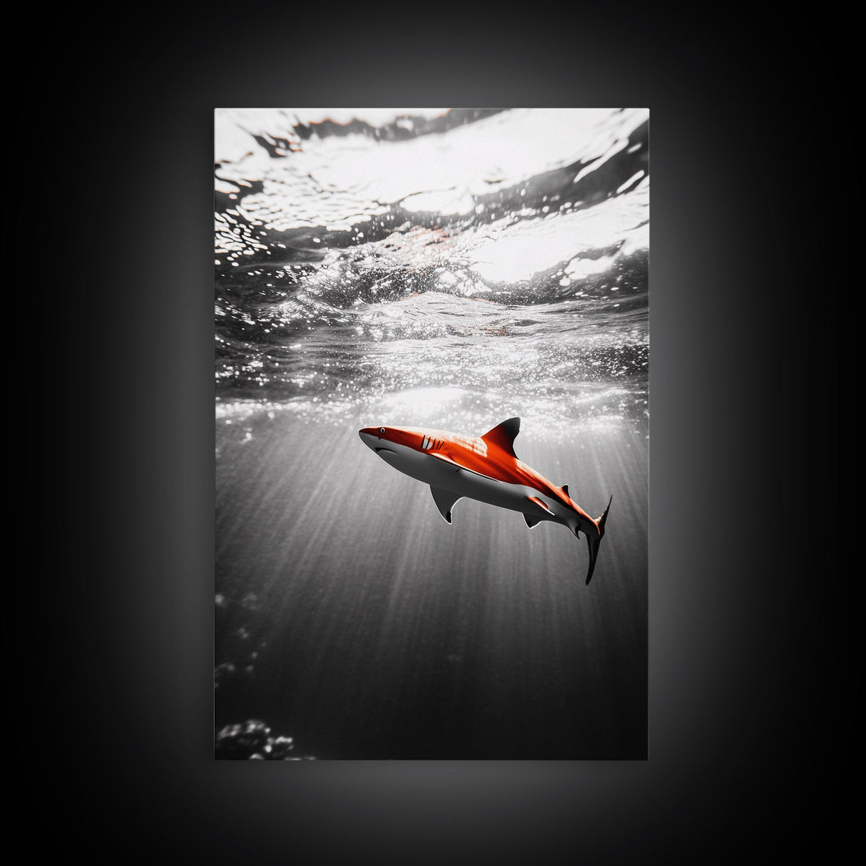Red Shark, Underwater Scene, Ocean Light Rays, Color Contrast, Canvas Print, Modern Marine Art, Bathroom Wall Art, Nautical Style