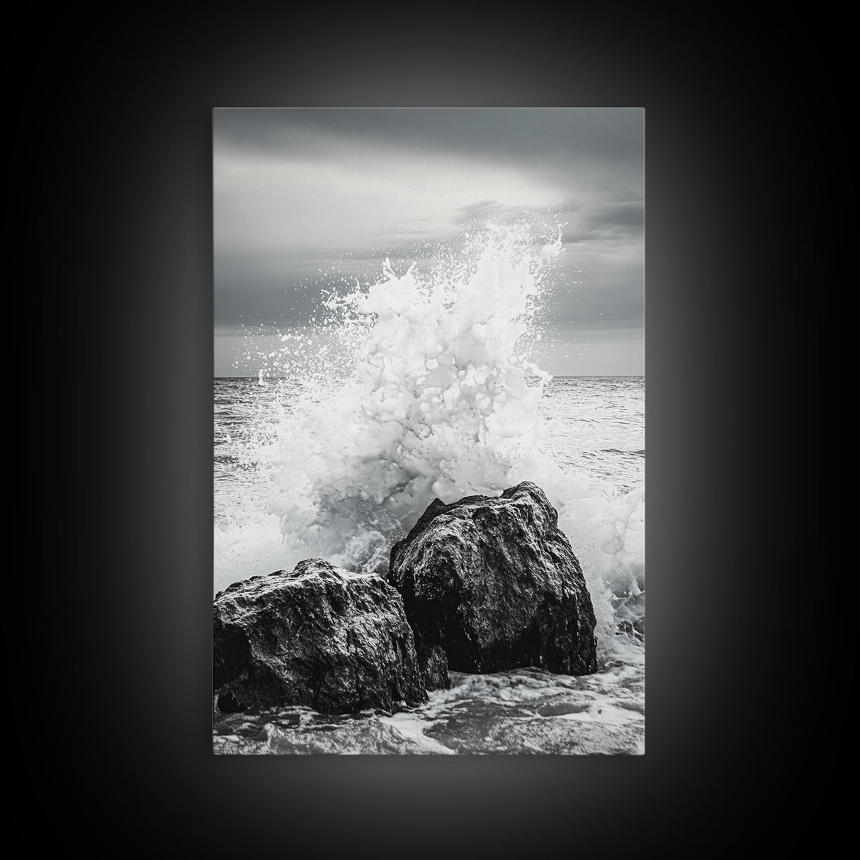 Ocean Splash, Rocky Coast, Dramatic Seascape, Monochrome Power, Framed Canvas Print, Coastal Wall Art, Entryway or Office Decor