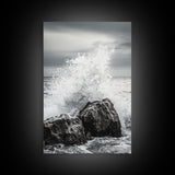 Ocean Splash, Rocky Coast, Dramatic Seascape, Monochrome Power, Framed Canvas Print, Coastal Wall Art, Entryway or Office Decor