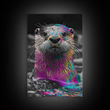 Colorful Otter, Vibrant Animal, Rainbow Fur, Framed Canvas Print, Kids Room Decor, Whimsical Wildlife Art, Playroom Wall Art, Bold Style