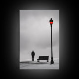 Red Street Lamp, Snowy Walkway, Silhouette Scene, Framed Canvas Print, Moody Wall Art, Minimalist Decor, Winter Vibes, Bedroom Accent