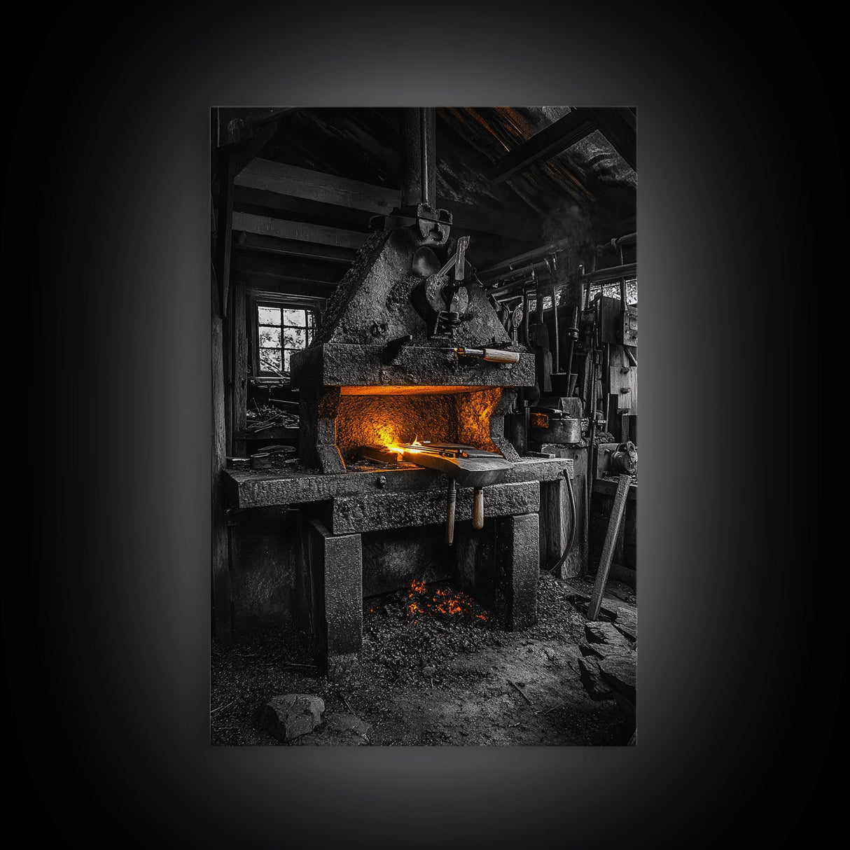 Forge Fire, Rustic Workshop, Industrial Heat, Metal Craft, Framed Canvas Print blacksmith decor, man cave wall art, moody workshop vibe