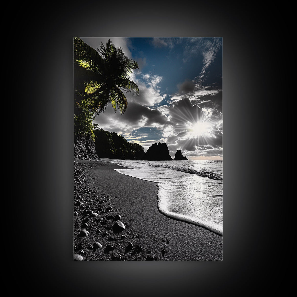 Sunset Beach, Rocky Coast, Dramatic Sky, Bold Light, Framed Canvas Print tropical sunset wall art, beach photography, bathroom decor