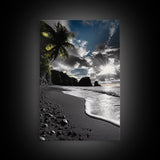 Sunset Beach, Rocky Coast, Dramatic Sky, Bold Light, Framed Canvas Print tropical sunset wall art, beach photography, bathroom decor
