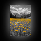 Yellow Wildflowers, Mountain Field, Blooming Meadow, Framed Canvas Print, Nature Photography, Rustic Decor, Dining Room Wall Art