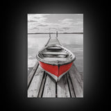 Red Rowboat, Dock Stillness, Minimalist Lake Scene, Canvas Print, Nautical Wall Art, Bathroom Decor, Tranquil Seascape, Coastal Aesthetic